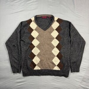 American Blue Himalayan Yak Wool Argyle V-Neck Sweater Mens L Gray Brown Luxury